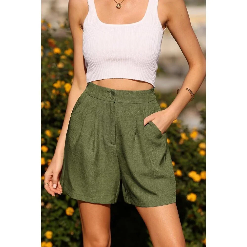Women's Army Green Wide Leg Summer High Waisted Tailored Pleated Business Shorts - Picture 5 of 6